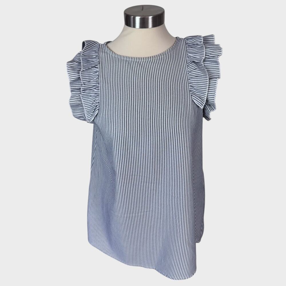 Hailey & Co. Small Dark Gray White Stripe Ruffle Sleeveless Blouse 100% Poly